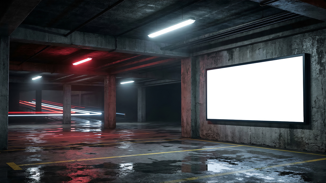 Cinematic garage with a blank billboard mockup, featuring wet asphalt reflections and atmospheric neon lighting in a mysterious setting.