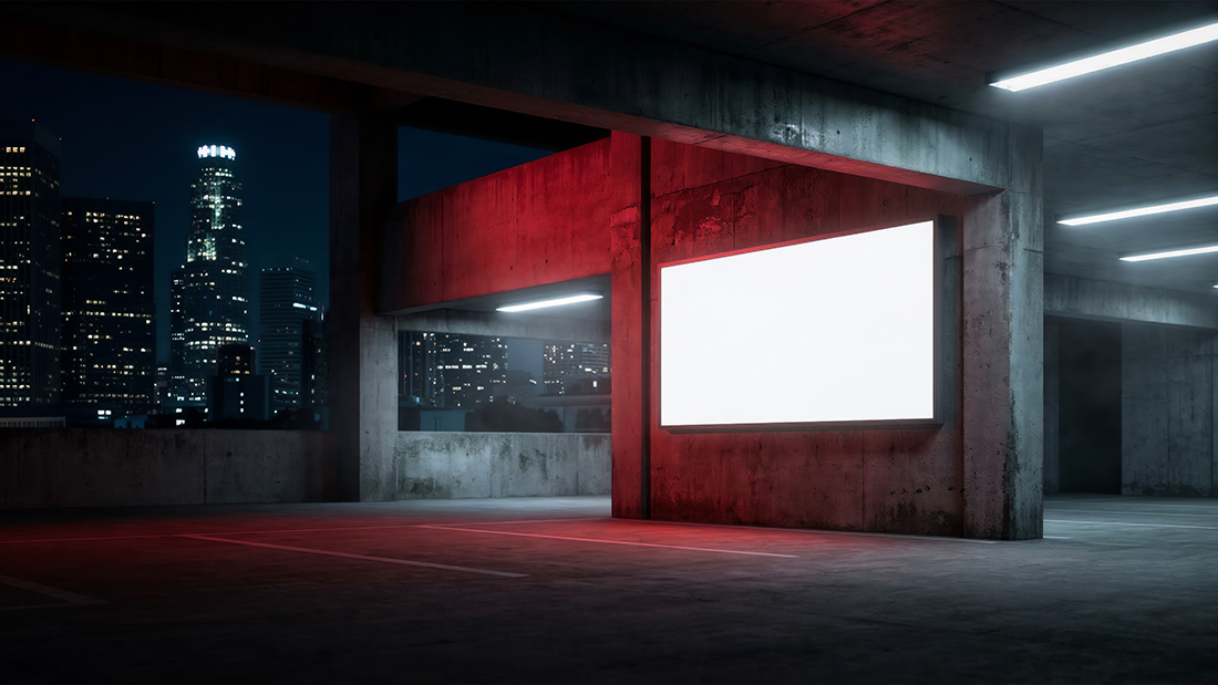 Cinematic garage featuring a blank billboard mockup on a concrete pillar with moody neon lighting.