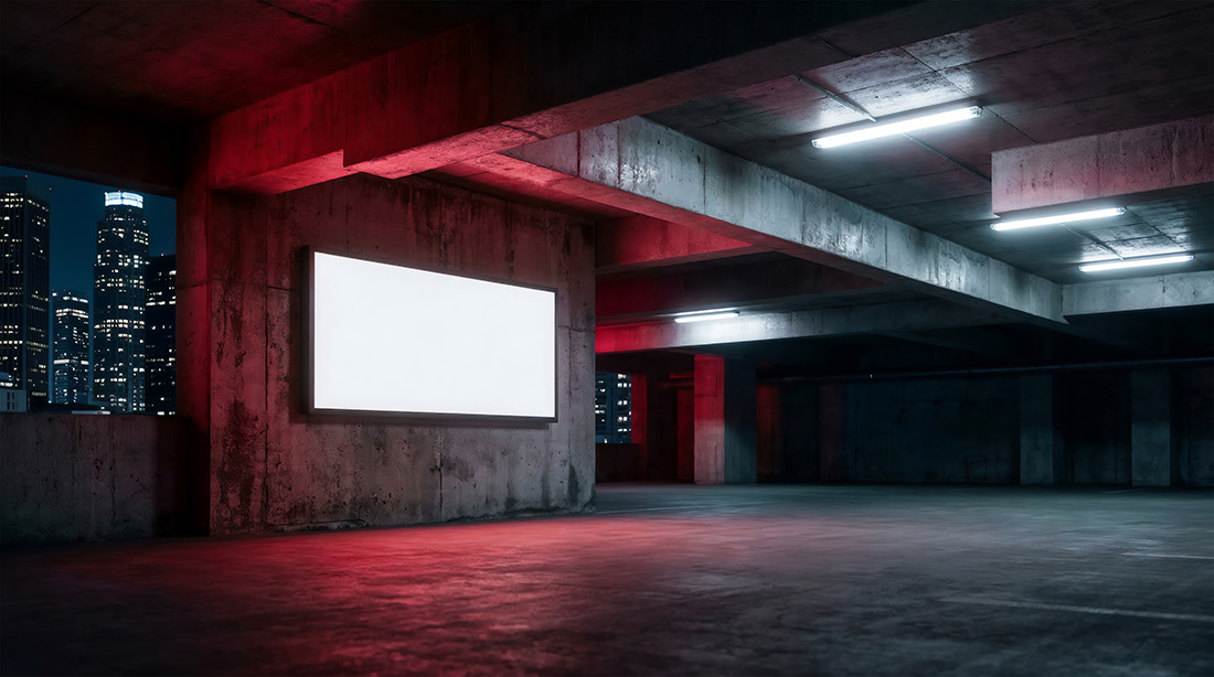 Glow of a blank LED billboard mockup reflecting on a concrete underground garage wall with cinematic teal and red lighting.