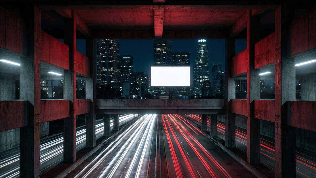 Symmetrical night highway cityscape with a blank billboard mockup, featuring red and white light trails and a darksynth aesthetic.
