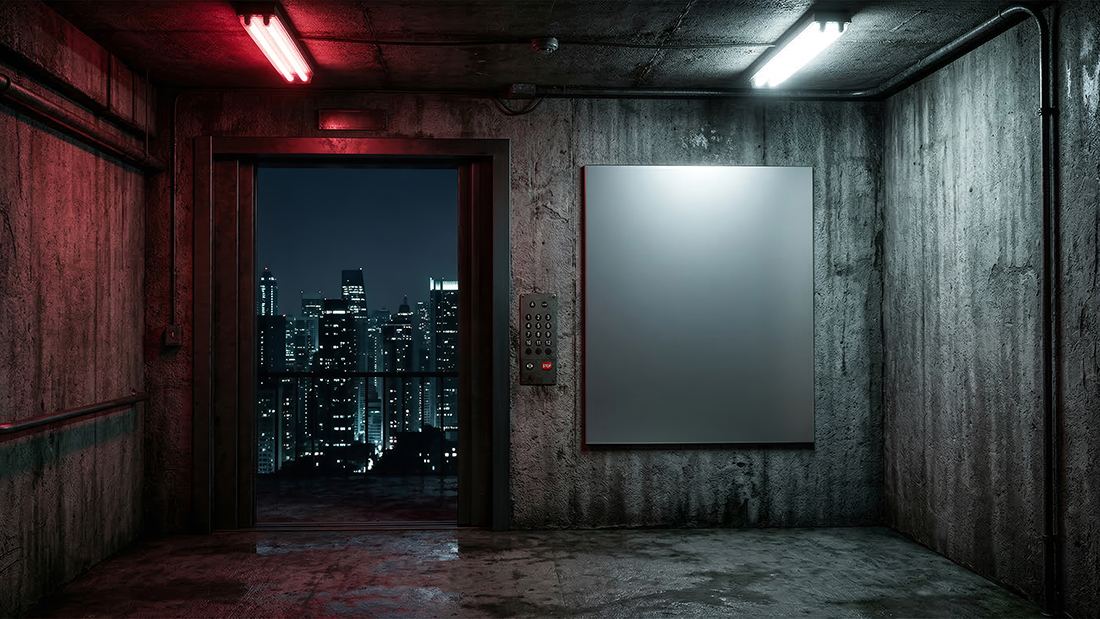 Dystopian underground concrete bunker interior with a blank vertical poster mockup and contrasting red and white neon lights.