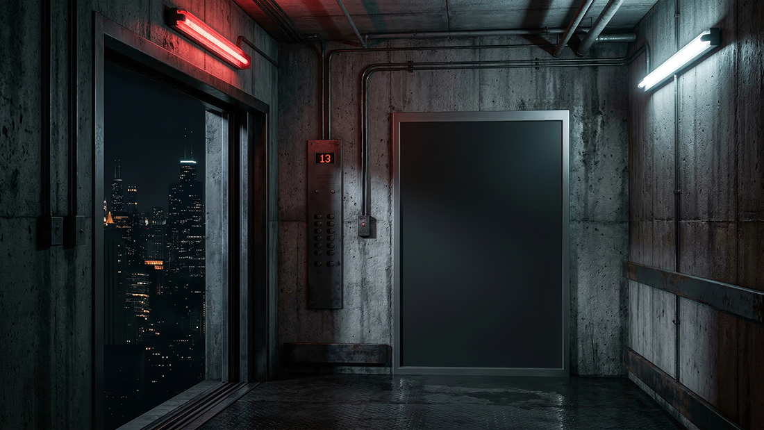 Eerie thirteenth floor elevator lobby featuring a blank poster mockup with industrial concrete walls and cinematic red neon lighting.