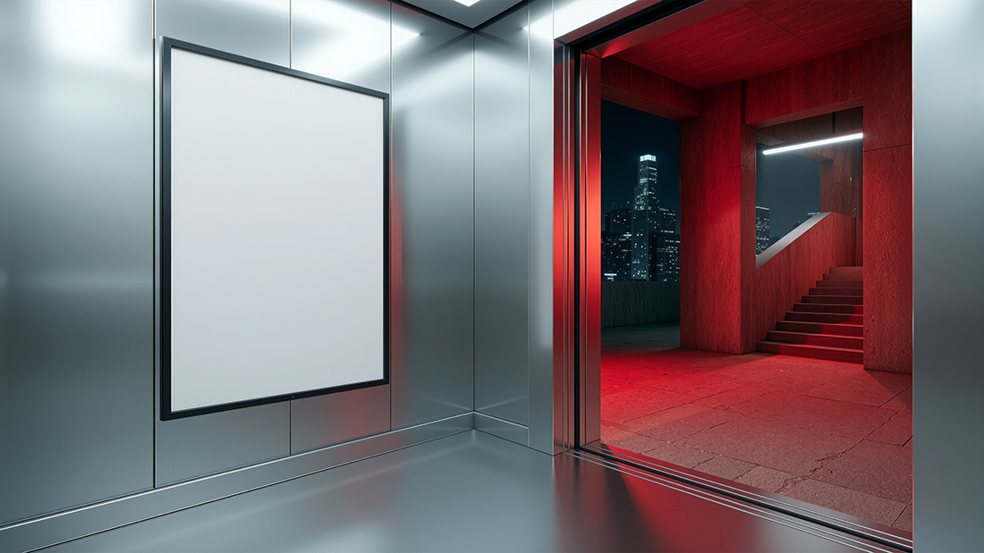 Metallic elevator interior with a blank poster mockup, featuring brutalist architecture elements and atmospheric red neon lighting.