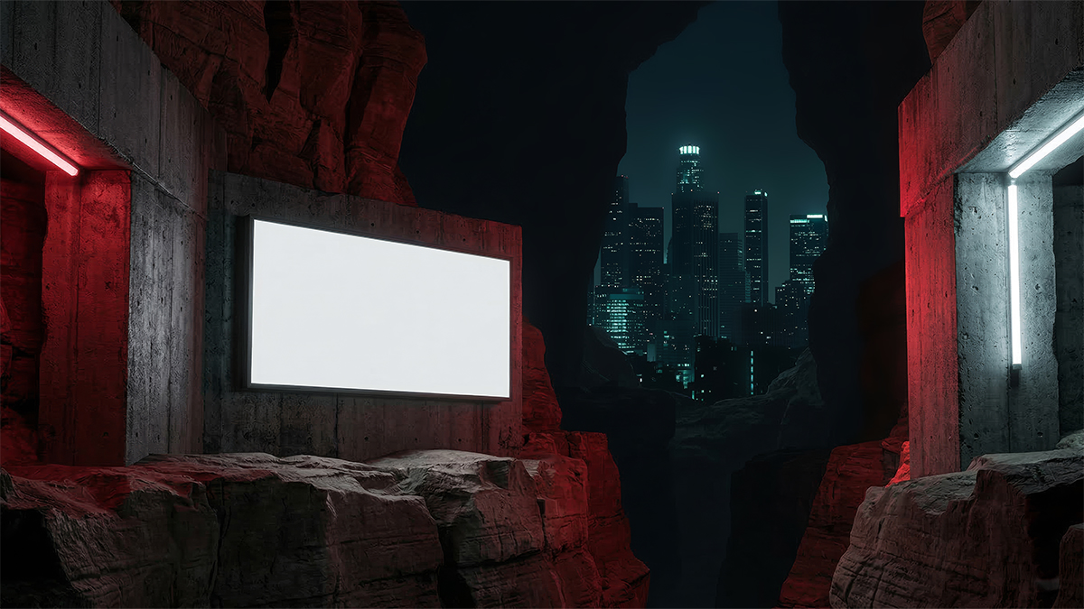 Atmospheric billboard mockup inside a rocky canyon cave, featuring vibrant red neon lights and a distant futuristic cyberpunk cityscape.